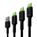 Set 3x Kabel USB-C Type C 30cm, 12cm, 200cm LED Green Cell Ray Ladekabel mit schneller Ladeunterstützung Quick Charge 3.0