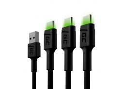 Set 3x Kabel USB-C Type C 120cm LED Green Cell Ray Ladekabel mit schneller Ladeunterstützung Ultra Charge, Quick Charge 3.0