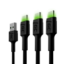 Zestaw 3x Kabel Green Cell GC Ray USB - USB-C 200cm, zielony LED, szybkie ładowanie Ultra Charge, QC 3.0