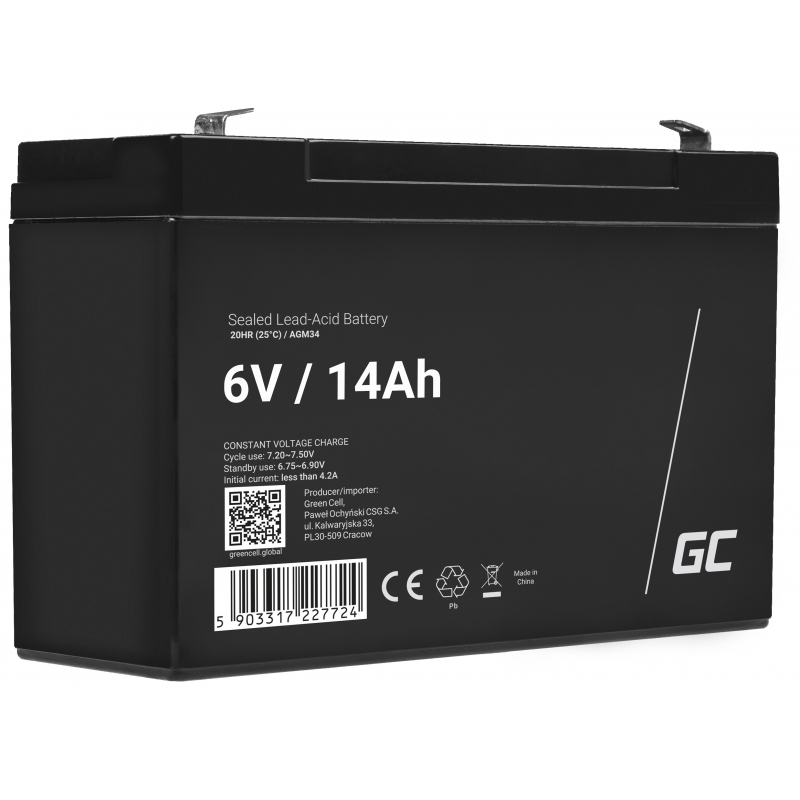 Green Cell® Akku Batterie AGM VRLA 6V 14Ah Sealed Lead-Acid wartungsfrei