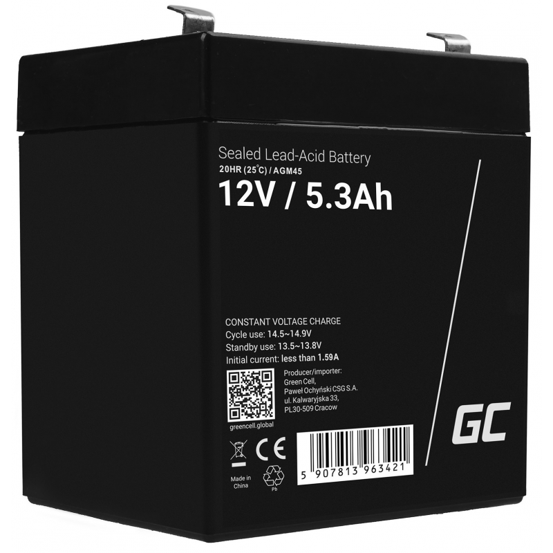 Green Cell® AGM VRLA 12V 5.3Ah bezobsługowy akumulator do systemu alarmowego kasy fiskalnej zabawki