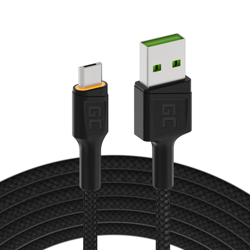 Kabel Przewód Green Cell GC Ray USB - microUSB 120cm z pomarańczowym podświetleniem LED, szybkie ładowanie Ultra Charge, QC3.0