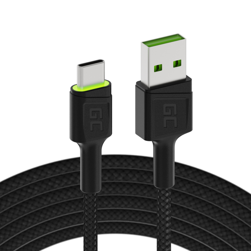 Kabel Przewód Green Cell Ray USB-A - USB-C Zielony 1m z obsługą szybkiego ładowania Ultra Charge QC3.0