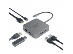 Adapter, Przejściówka, HUB USB-C Green Cell 6w1 (USB 3.0 HDMI Ethernet USB-C) do Apple MacBook, Dell XPS, Asus ZenBook i innych