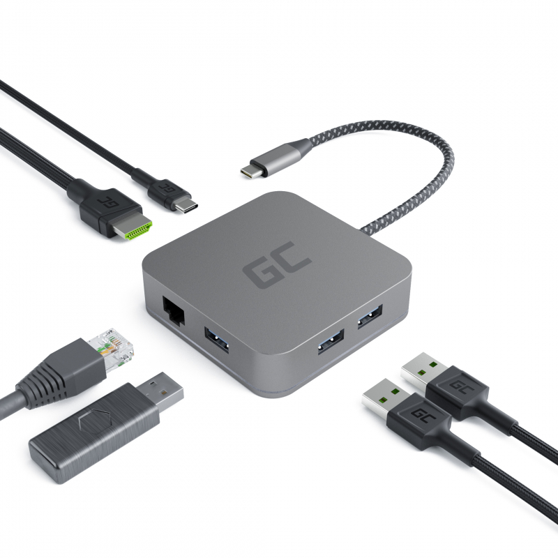 Docking Station, Adapter, HUB USB-C HDMI Green Cell - 7 ports for MacBook Pro, Dell XPS, Lenovo X1 Carbon and others