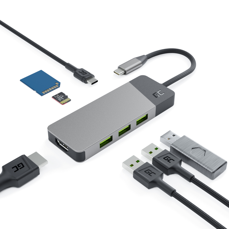 Adapter, Przejściówka, Green Cell GC HUB2 USB-C 6w1 (USB 3.0 HDMI Ethernet USB-C) do Apple MacBook, Dell XPS i innych