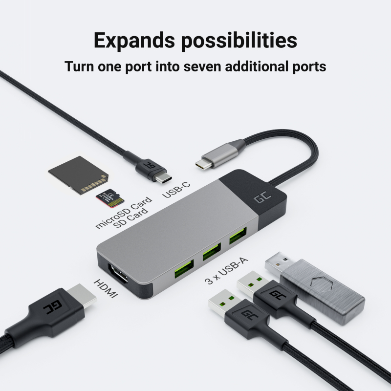 Adaptateur HUB GC Connect 7en1 (3xUSB-A 3.1 HDMI 4K 60Hz USB-C PD 85W) pour  Apple MacBook M1/M2 Lenovo X1 Asus ZenBook Dell XPS - Green Cell