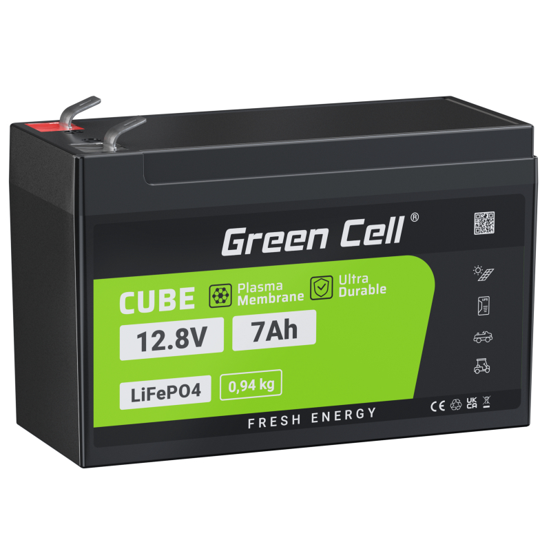 Battery Lithium-iron-phosphate LiFePO4 Green Cell 12V 12.8V 7Ah for photovoltaic system, campers and boats