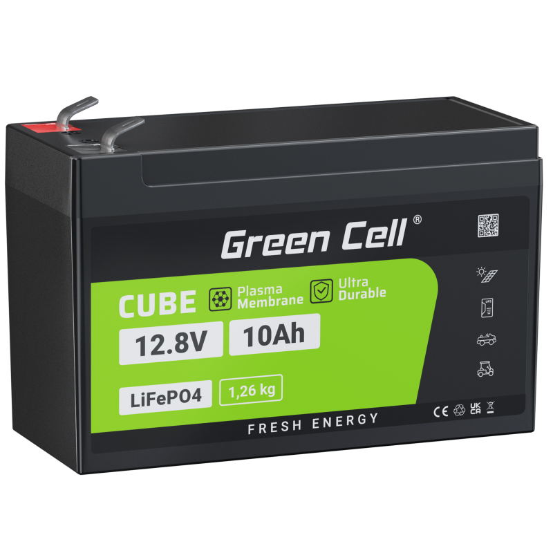 Battery Lithium-iron-phosphate LiFePO4 Green Cell 12V 12.8V 10Ah for photovoltaic system, campers and boats