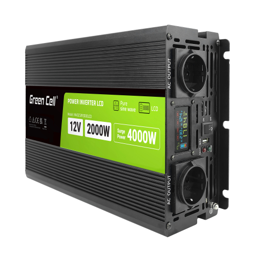 Green Cell PowerInverter LCD Spannungswandler 12 V 2000 W/4000 W Reiner  Sinus-Wechselrichter mit Display